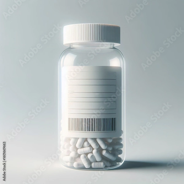 Fototapeta Medicine bottle with pills mockup concept label code bar package template graphic