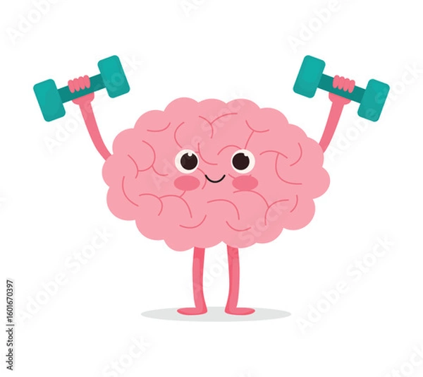 Fototapeta Cute strong brain character lifting up dumbbell for brain training exercise concept