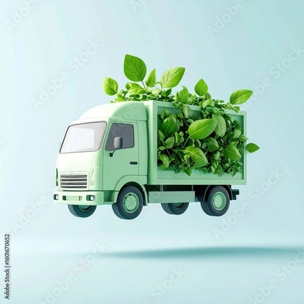 Fototapeta Floating Green Plant-Based Truck Mockup With Gradient Colorway and Leaves Against Clear Backdrop