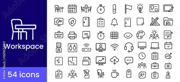 Fototapeta Workspace and office icon set with 54 minimal line illustrations including desk, chair, meeting, calendar, monitor, teamwork, printer, lightbulb, coffee, and file symbols for business tools and remote