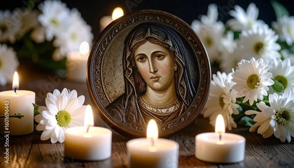 Obraz Sacred Marian Icon Surrounded by Lit Candles for Assumption of Mary Celebration