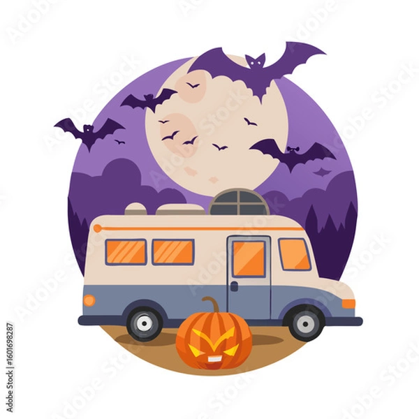 Fototapeta Vector art of a halloween themed camper van with bats flying in front of the moon isolated on white background