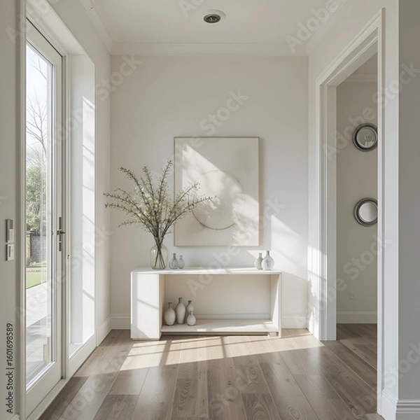 Fototapeta Bright hallway interior with sunlight streaming through glass doors, illuminating a white console table with artwork, vase, and decorative objects.