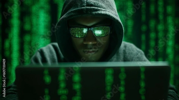 Obraz Hacker with Laptop and Code Reflected in Glasses