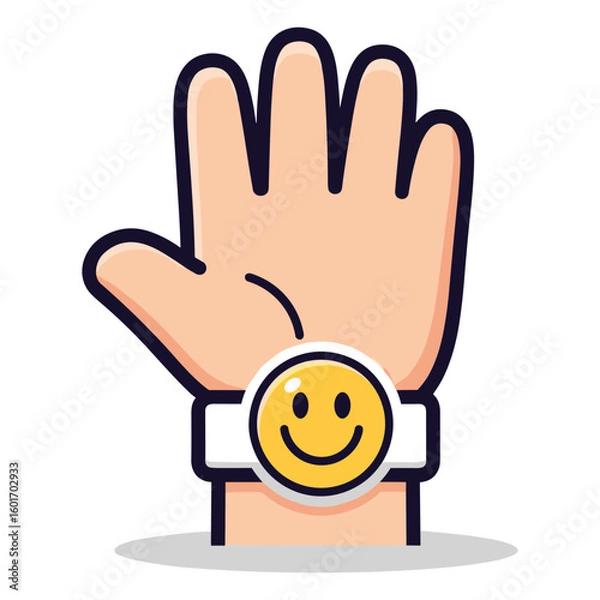 Fototapeta Cartoon Hand with Smiley Face Smartwatch for Digital Wellbeing Concept Design