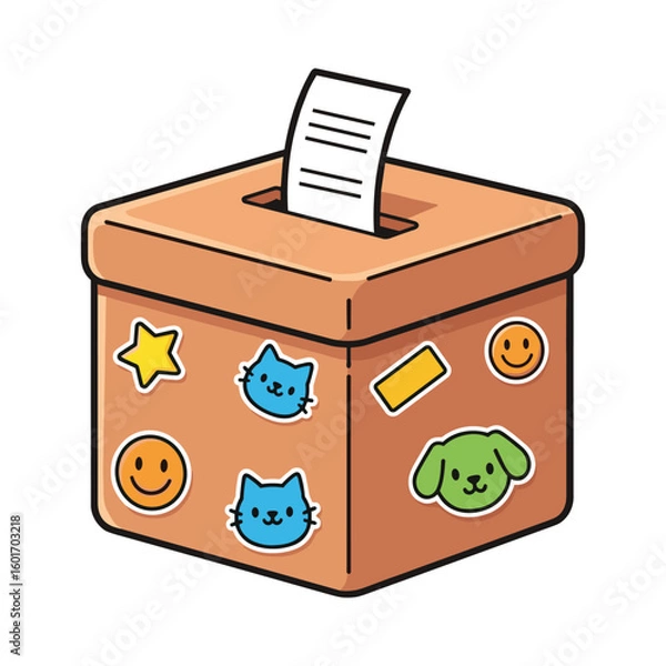 Fototapeta Illustration of a decorated box with stickers and a document for design and creative projects