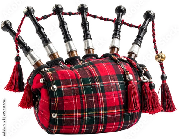 Fototapeta Scottish bagpipes with tartan bag and drone pipes, isolated on a transparent background