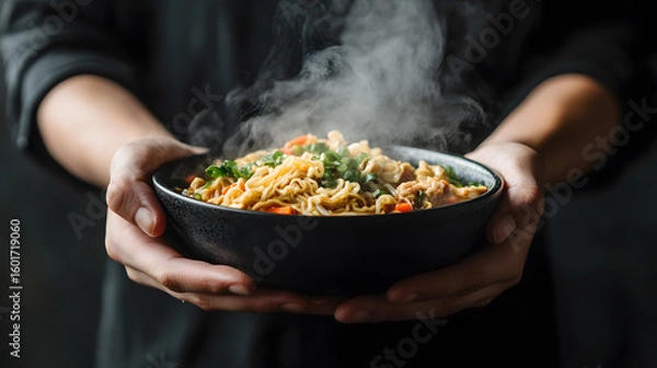 Fototapeta Person holds steaming bowl of ramen, filled with noodles, vegetables, and garnished with herbs. warm dish emits inviting aroma