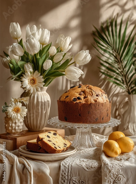 Fototapeta italian panettone on a beige background easter cake