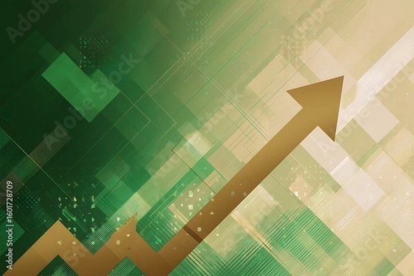 Fototapeta A Golden Arrow Points Upward Through a Gradient of Green and Beige Squares Symbolizing Financial Growth and Economic Advancement