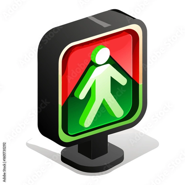 Fototapeta A 3D pedestrian traffic light showing a white walking figure on a split red and green background, indicating "walk".