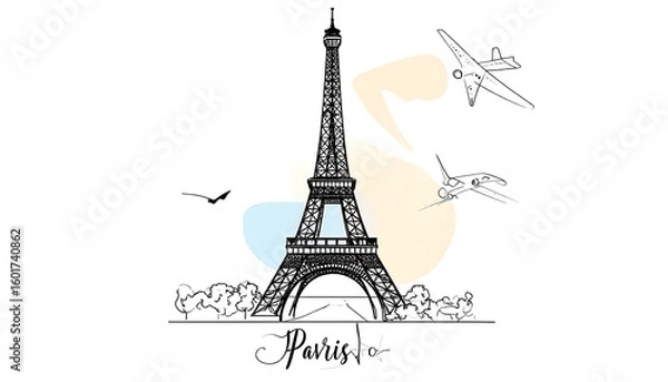 Obraz Eiffel Tower illustration with Paris text, planes, and shapes