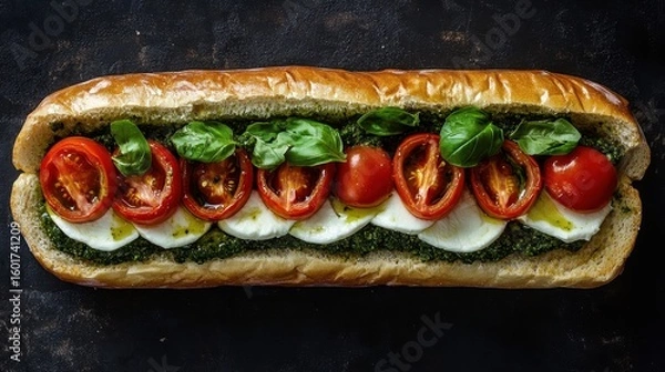 Fototapeta Long sandwich with pesto, mozzarella, basil, and tomato slices. Use to promote fresh food, deli, and healthy eating concepts.