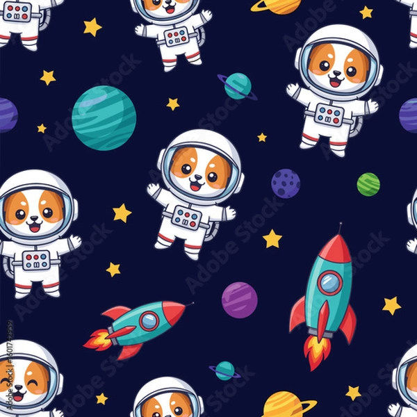 Fototapeta Adorable dog astronauts and rockets in space, perfect for children's products, fabric prints, or space-themed websites.