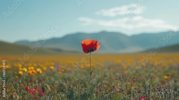 Fototapeta A single red poppy stands tall in a wildflower field against mountains. Use this image to convey hope, beauty, or resilience in your design.