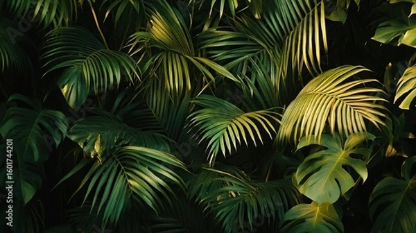 Obraz A dense collection of tropical leaves creates a dark, lush backdrop, illuminated by subtle golden light, evoking a sense of exotic tranquility.