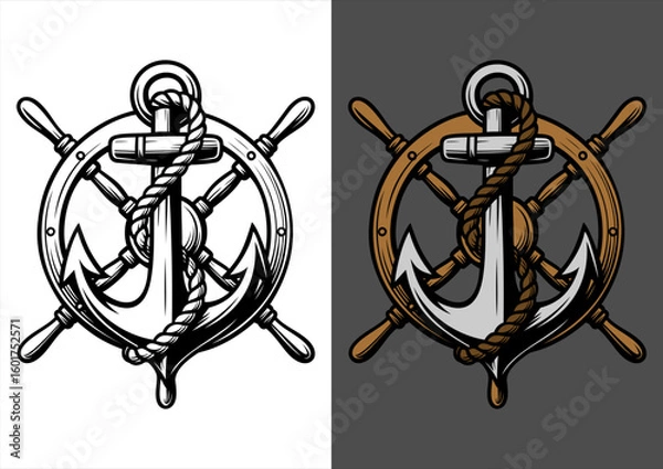 Fototapeta Vintage Nautical Anchor with Ship Wheel and Rope - Black and White Vector Illustration