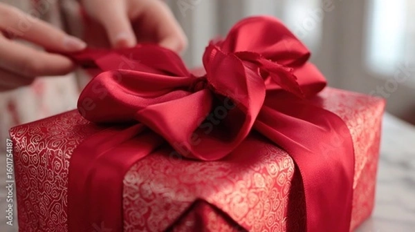 Fototapeta Hands tying a red ribbon on a gift box