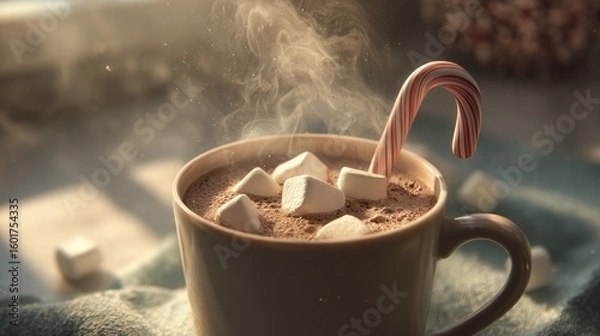 Obraz Hot chocolate with marshmallows and candy cane (3)
