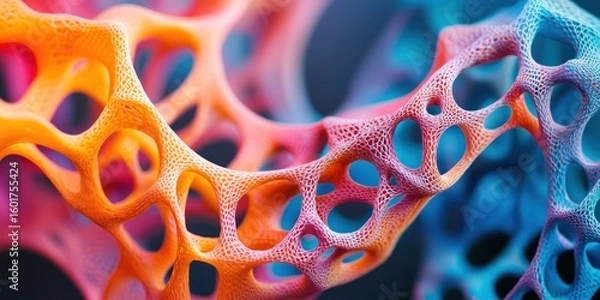 Fototapeta A close-up of a complex, colorful 3D-printed lattice structure forming an organic shape