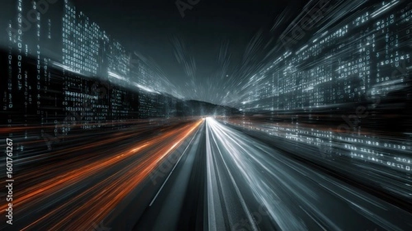 Fototapeta Digital data flow on road in concept of cyber global communication and coding with graphic creating vision of fast speed transfer to show agile digital transformation disruptive.