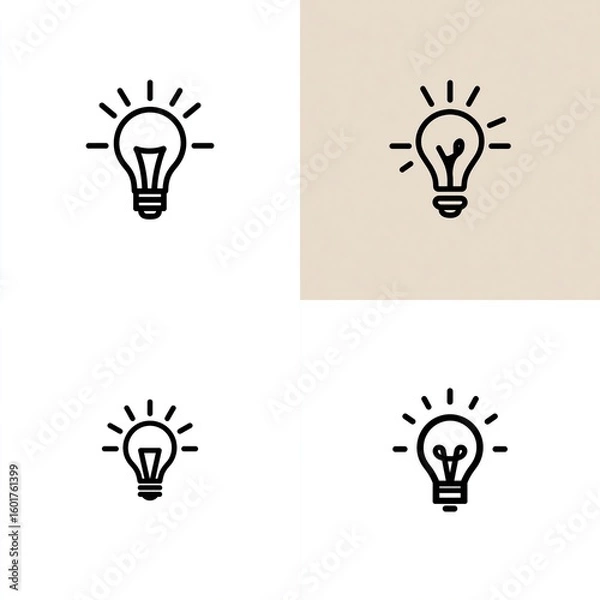 Fototapeta Four simple line art lightbulb icons, radiating light