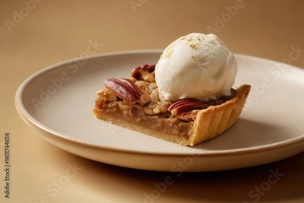 Fototapeta Maple pecan tart topped with vanilla bean ice cream sits on a ceramic plate