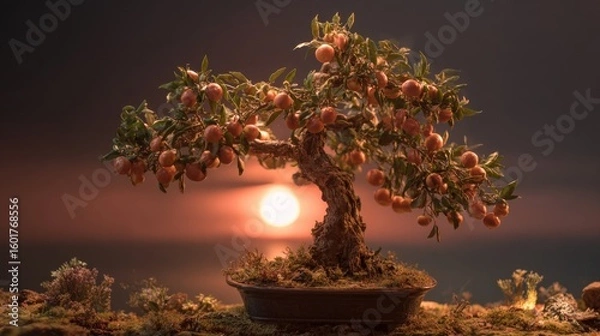 Obraz Bonsai tree with oranges at sunset
