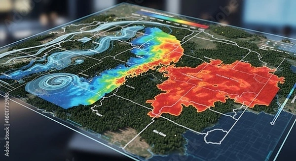 Fototapeta Interactive 3D model visualizing wildfire spread and wind patterns.