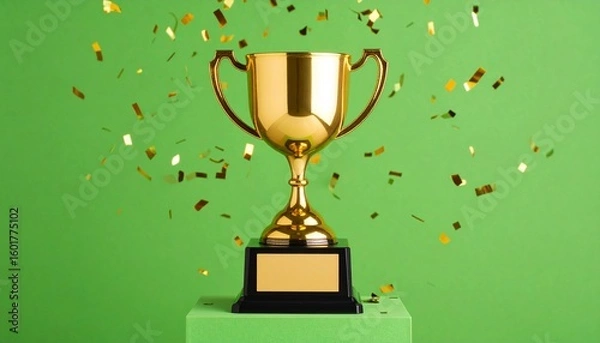 Fototapeta Golden trophy cup on a green background with falling confetti symbolizing victory and achievement