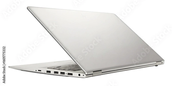 Fototapeta Back View of Half-Closed Laptop Isolated on Transparent Background
Partially Closed Notebook Computer, Rear View with Clipping Path