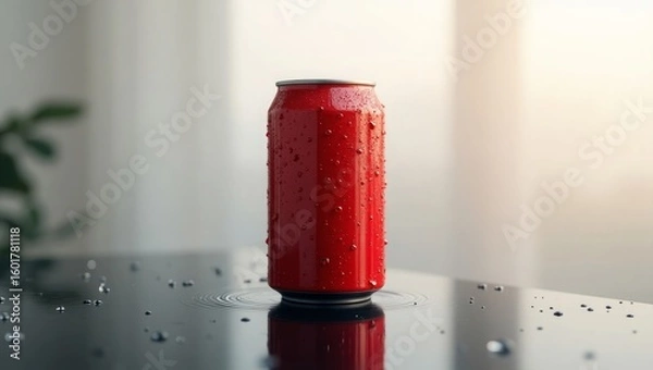 Fototapeta Red Dew Drop Drink Can on Reflective Ice Surface – Chilled and Refreshing