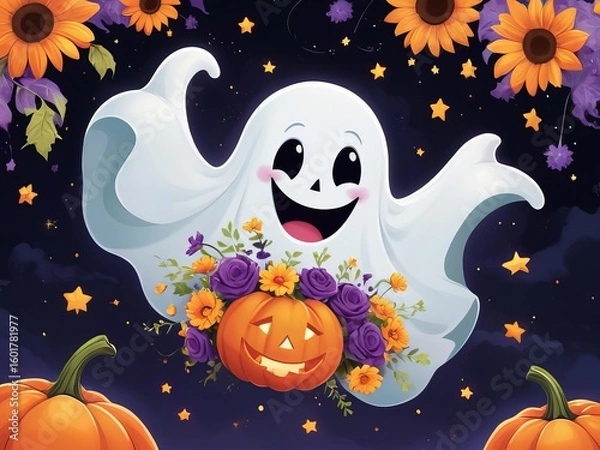 Obraz Smiling ghost with flowers and pumpkin on Halloween night