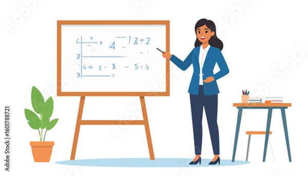 Fototapeta Professional female teacher in a blue blazer smiling and pointing at a math lesson on a whiteboard.