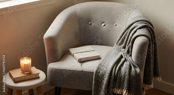 Fototapeta A peaceful corner styled with a neutral armchair draped in a soft blanket, and a linen-bound journal resting on the seat. A candle on a wooden stool glows gently beside it, creating a warm and calming