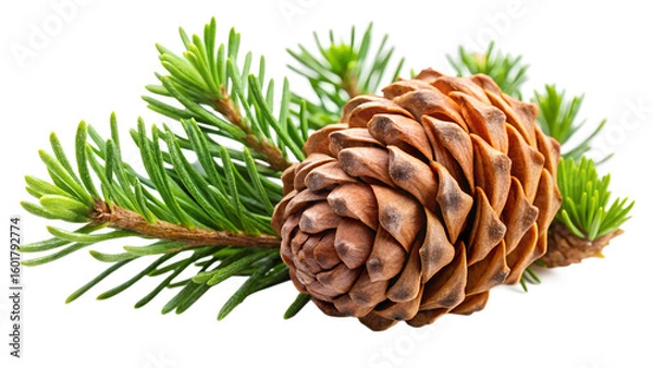 Fototapeta A detailed closeup of a brown pine cone resting on a green evergreen branch, isolated on a white background
