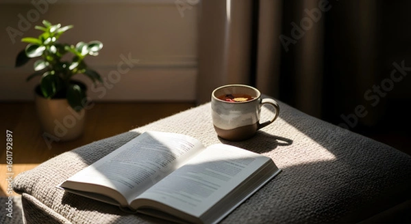 Fototapeta Natural sunlight spills onto a soft floor cushion with an open book and a ceramic mug of herbal tea. A small plant rests in the corner, creating a quiet and cozy environment for rest and reflection.