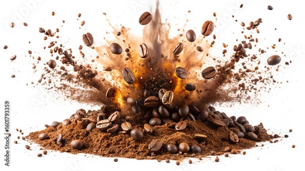 Fototapeta Explosion of coffee beans and powder isolated on transparent background