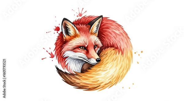 Fototapeta A watercolor illustration of a curled up fox with a red and orange tail on a black background