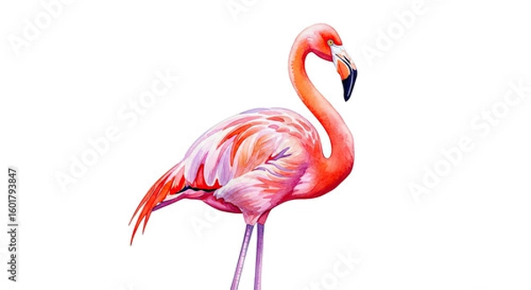 Fototapeta Watercolor illustration of a pink flamingo standing isolated on a black background showing its neck