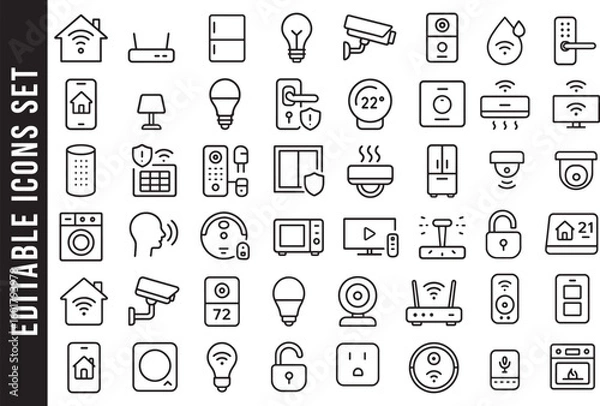 Fototapeta An Editable Set of Black and White Line Art Icons for Smart Home Technology and IoT