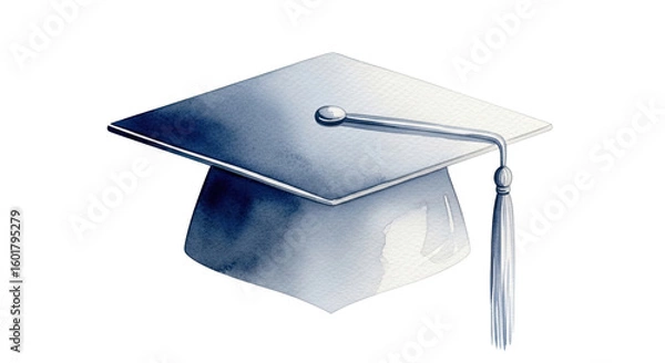 Fototapeta A watercolor illustration of a graduation cap on a black background with a white tassel hanging down