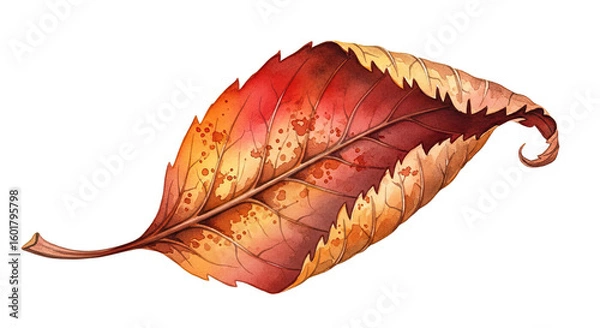 Fototapeta A single autumn leaf with curled edges and varied colors on a black background in watercolor style