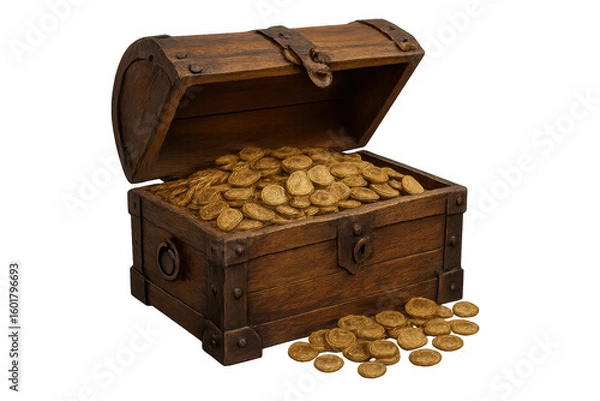 Fototapeta Weathered wooden chest brimming with golden coins, precious pieces cascading across luminous surface