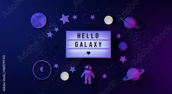 Fototapeta Cute space-themed flatlay with “Hello Galaxy” lightbox