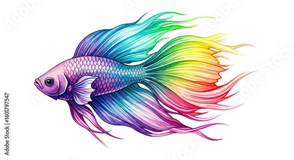 Fototapeta A colorful betta fish with flowing fins and scales in shades of the rainbow on a black background