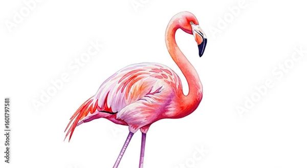 Fototapeta A watercolor style illustration of a flamingo standing on a black background in vibrant colors