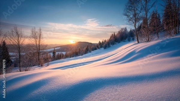 Obraz Winter sunset over snowy hills