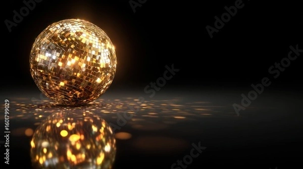 Obraz Golden disco ball on dark surface