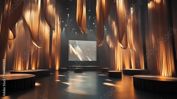 Fototapeta Elegant Theater with Curtains: A mesmerizing theater setting, enveloped by flowing curtains and captivating stage lighting, invites the viewer into a world of artistic performance and dramatic allure.